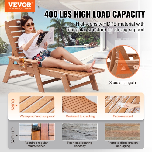 VEVOR 400 lbs Weight Capacity Chaise Lounge Chair, 6 Positions Adjustable Patio Lounge Chair, Outdoor HDPE Lounge Chair with Backrest & Cup Holder,