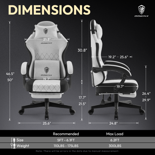 Dowinx Gaming Chair Fabric with Footrest, Ergonomic Computer Chair with Massage Lumbar Support, Big and Tall Game Chair for Adults, Home Office Chair
