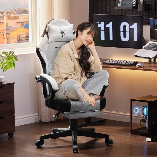 Dowinx Gaming Chair Fabric with Footrest, Ergonomic Computer Chair with Massage Lumbar Support, Big and Tall Game Chair for Adults, Home Office Chair