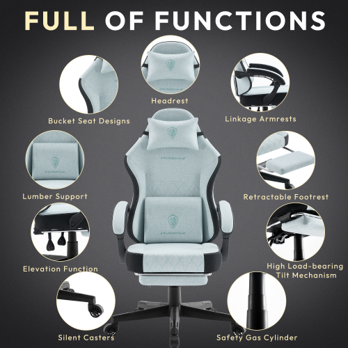 Dowinx Gaming Chair Fabric with Footrest, Ergonomic Computer Chair with Massage Lumbar Support, Big and Tall Game Chair for Adults, Home Office Chair