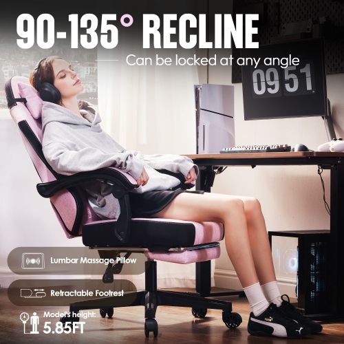 Dowinx Gaming Chair Fabric with Footrest, Ergonomic Computer Chair with Massage Lumbar Support, Big and Tall Game Chair for Adults, Home Office Chair