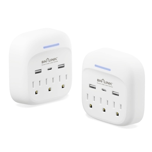 BN-LINK Multi Plug Outlet Extender 2-Pack – 3 Wall Outlets + 3 USB Ports – Charging Adapter for Dorm, School, Travel, Office, Home