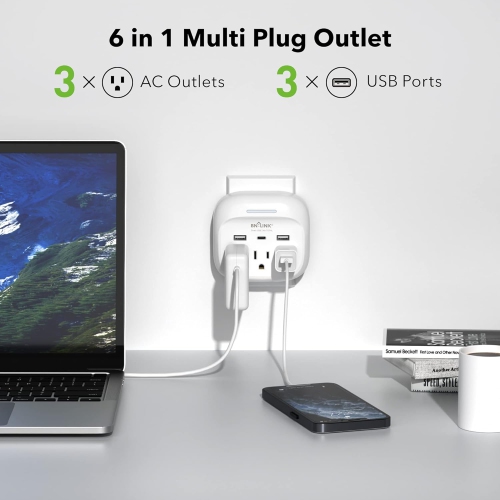 BN-LINK Multi Plug Outlet Extender 2-Pack – 3 Wall Outlets + 3 USB Ports – Charging Adapter for Dorm, School, Travel, Office, Home
