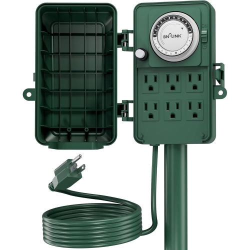 BN-LINK  24-Hour Outdoor Mechanical Timer – 6 Outlet Power Stake, 6Ft Cord, 125V 15A/1875W, Etl Listed – for Lights