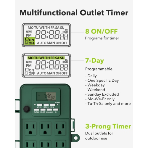 BN-LINK 7-Day Heavy Duty Outdoor Digital Stake Timer – 6 Outlets, Weatherproof – for Lights, Sprinklers, Christmas Lights