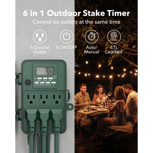 BN-LINK 7-Day Heavy Duty Outdoor Digital Stake Timer – 6 Outlets, Weatherproof – for Lights, Sprinklers, Christmas Lights