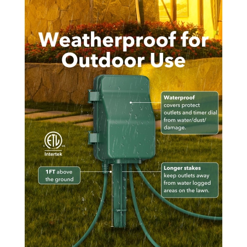 BN-LINK 7-Day Heavy Duty Outdoor Digital Stake Timer – 6 Outlets, Weatherproof – for Lights, Sprinklers, Christmas Lights