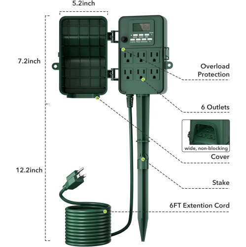 BN-LINK 7-Day Heavy Duty Outdoor Digital Stake Timer – 6 Outlets, Weatherproof – for Lights, Sprinklers, Christmas Lights