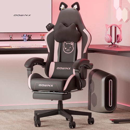 Dowinx Gaming Chair Cute with Cat Ears and Massage Lumbar Support, Ergonomic Computer Chair for Girl with Footrest and Headrest, Comfortable