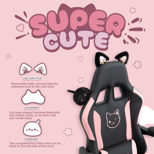 Dowinx Gaming Chair Cute with Cat Ears and Massage Lumbar Support, Ergonomic Computer Chair for Girl with Footrest and Headrest, Comfortable