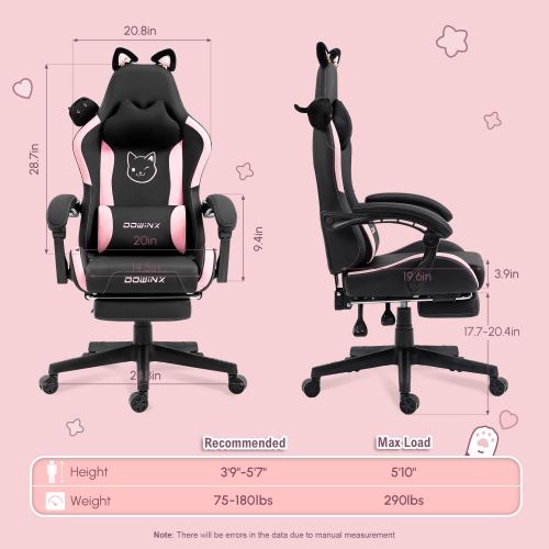 Dowinx Gaming Chair Cute with Cat Ears and Massage Lumbar Support, Ergonomic Computer Chair for Girl with Footrest and Headrest, Comfortable