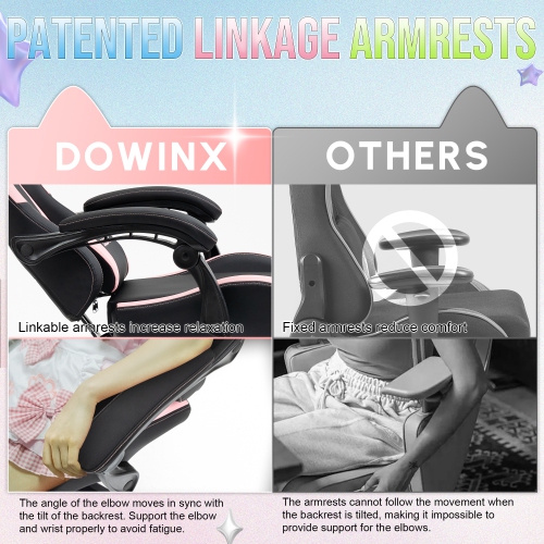 Dowinx Gaming Chair Cute with Cat Ears and Massage Lumbar Support, Ergonomic Computer Chair for Girl with Footrest and Headrest, Comfortable