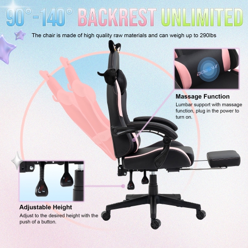 Dowinx Gaming Chair Cute with Cat Ears and Massage Lumbar Support, Ergonomic Computer Chair for Girl with Footrest and Headrest, Comfortable