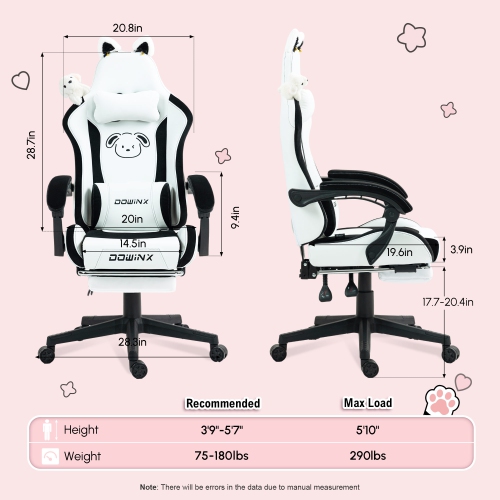 Dowinx Gaming Chair Cute with Cat Ears and Massage Lumbar Support, Ergonomic Computer Chair for Girl with Footrest and Headrest, Comfortable