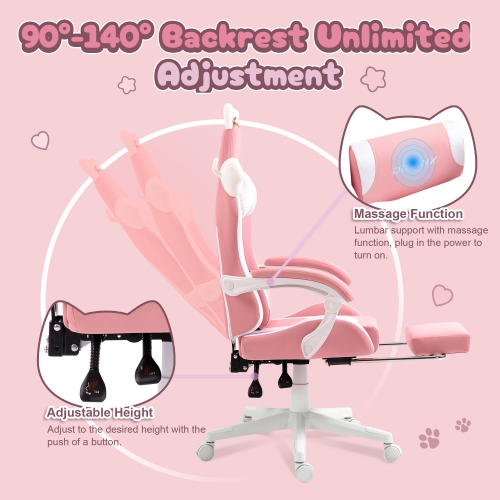 Dowinx Gaming Chair Cute with Cat Ears and Massage Lumbar Support, Ergonomic Computer Chair for Girl with Footrest and Headrest, Comfortable