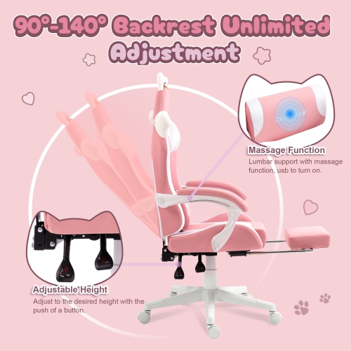 Dowinx Gaming Chair Cute with Cat Ears and Massage Lumbar Support, Ergonomic Computer Chair for Girl with Footrest and Headrest, Comfortable