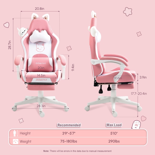 Dowinx Gaming Chair Cute with Cat Ears and Massage Lumbar Support, Ergonomic Computer Chair for Girl with Footrest and Headrest, Comfortable