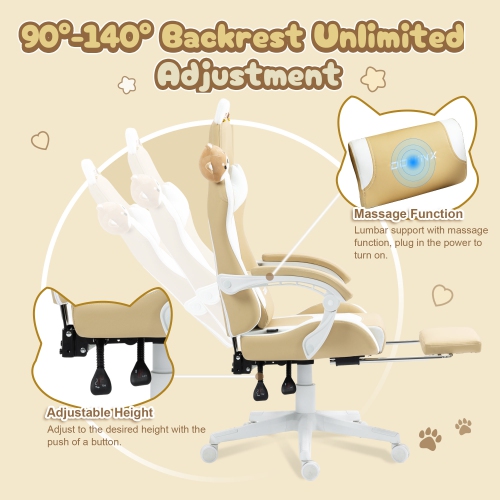 Dowinx Gaming Chair Cute with Cat Ears and Massage Lumbar Support, Ergonomic Computer Chair for Girl with Footrest and Headrest, Comfortable