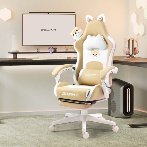 Dowinx Gaming Chair Cute with Cat Ears and Massage Lumbar Support, Ergonomic Computer Chair for Girl with Footrest and Headrest, Comfortable