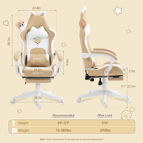 Dowinx Gaming Chair Cute with Cat Ears and Massage Lumbar Support, Ergonomic Computer Chair for Girl with Footrest and Headrest, Comfortable