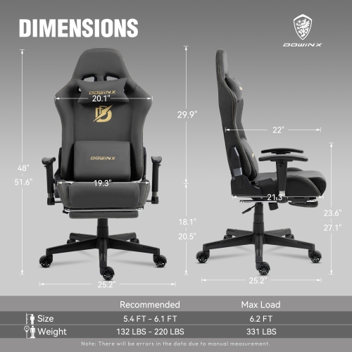 Dowinx Gaming Chair with Massage Lumbar Support & Footrest - Ergonomic Reclining Office Chair, High Back Suede Fabric for Adults