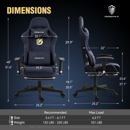 Fauteuil de jeu avec soutien lombaire et repose-pieds de Dowinx – Fauteuil de bureau ergonomique inclinable, tissu en suède à dossier haut pour