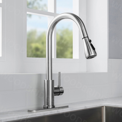 WOODBRIDGE Single Handle Pull Down Kitchen Faucet in Polished Chrome Finish.