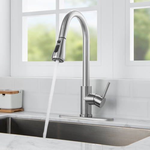 WOODBRIDGE Single Handle Pull Down Kitchen Faucet in Polished Chrome Finish.