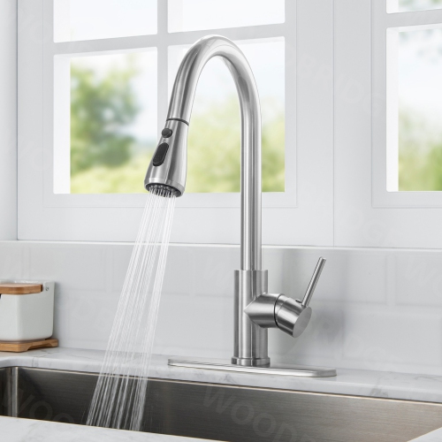 WOODBRIDGE Single Handle Pull Down Kitchen Faucet in Polished Chrome Finish.
