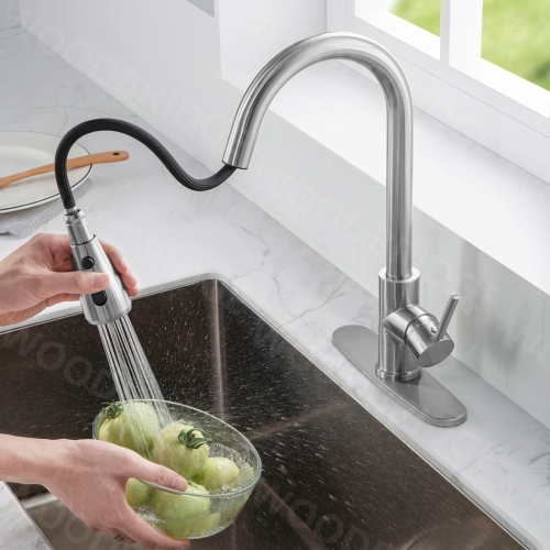 WOODBRIDGE Single Handle Pull Down Kitchen Faucet in Polished Chrome Finish.