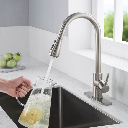 WOODBRIDGE Single Handle Pull Down Kitchen Faucet in Brushed Nickel Finish