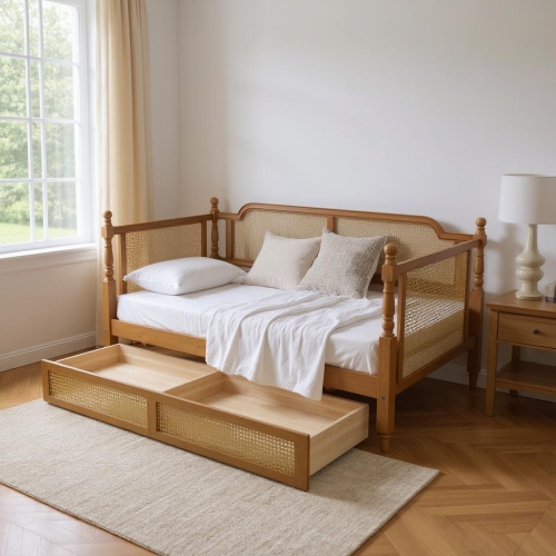 HOMY CASA  Rattan Style Daybed With Trundle for Guest Rooms & Living Rooms