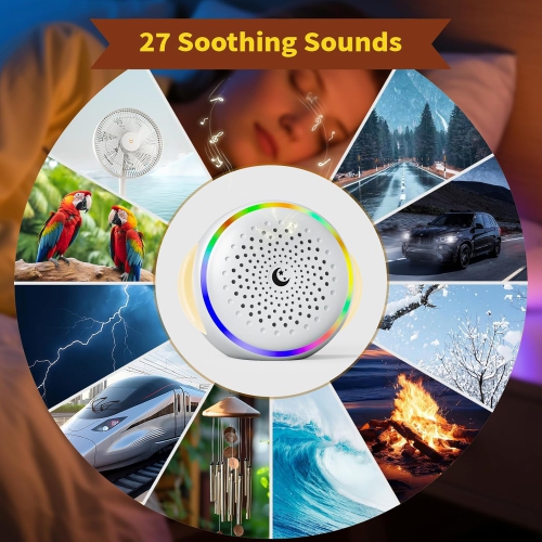 Machine à bruit blanc avec petit haut-parleur, Machine à bruit apaisant portative, 27 sons apaisants et veilleuse, Appareil apaisant pour le sommeil