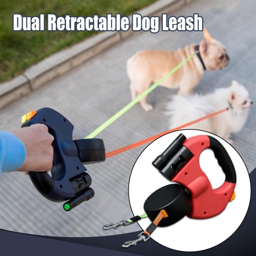 Double Dog Retractable Leash 3M x 2 with LED Lights & Poop Bag Holder - Reflective Ropes for Small Dogs, Independent Lock, ABS Handle Suitable for