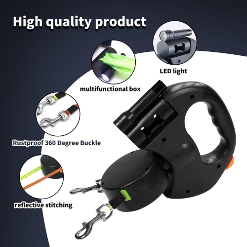 Double Dog Retractable Leash 3M x 2 with LED Lights & Poop Bag Holder - Reflective Ropes for Small Dogs, Independent Lock, ABS Handle Suitable for