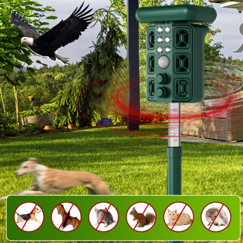 4-in-1Ultrasonic Solar Pest Repellent with 4 Speakers, LED Flashlight, Motion & IR Sensors. Repels rodents, birds, reptiles, dogs, cats & wildlife.