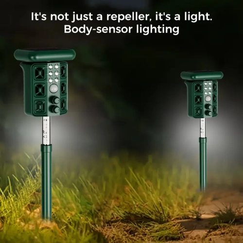 4-in-1Ultrasonic Solar Pest Repellent with 4 Speakers, LED Flashlight, Motion & IR Sensors. Repels rodents, birds, reptiles, dogs, cats & wildlife.
