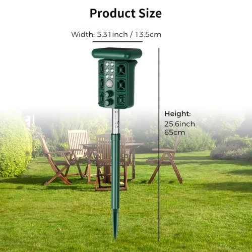 4-in-1Ultrasonic Solar Pest Repellent with 4 Speakers, LED Flashlight, Motion & IR Sensors. Repels rodents, birds, reptiles, dogs, cats & wildlife.
