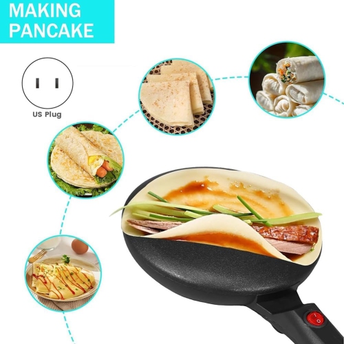 Nonstick Coating Electric Crepe Maker 600W Handheld Pancake Maker Electric Round Griddle for Pancake Black