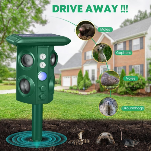 Solar-Powered Ultrasonic & Vibration Pest Repeller, IP65 Waterproof, 4 High-Freq Speakers, Motion & Infrared Sensors, Flash Strobe, Adjustable