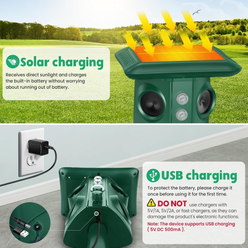 Solar-Powered Ultrasonic & Vibration Pest Repeller, IP65 Waterproof, 4 High-Freq Speakers, Motion & Infrared Sensors, Flash Strobe, Adjustable