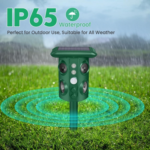 Solar-Powered Ultrasonic & Vibration Pest Repeller, IP65 Waterproof, 4 High-Freq Speakers, Motion & Infrared Sensors, Flash Strobe, Adjustable