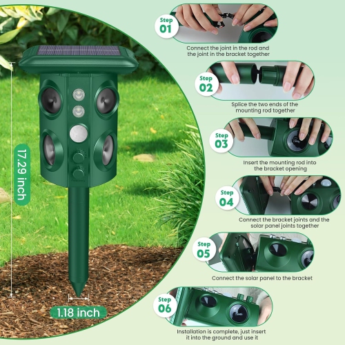 Solar-Powered Ultrasonic & Vibration Pest Repeller, IP65 Waterproof, 4 High-Freq Speakers, Motion & Infrared Sensors, Flash Strobe, Adjustable