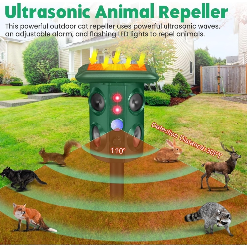 Solar-Powered Ultrasonic & Vibration Pest Repeller, IP65 Waterproof, 4 High-Freq Speakers, Motion & Infrared Sensors, Flash Strobe, Adjustable