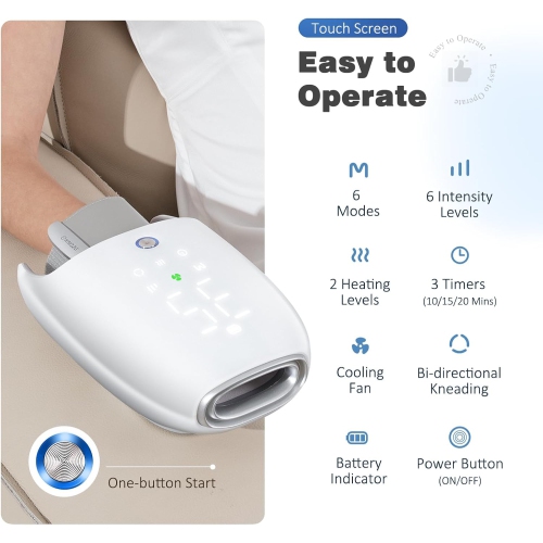 Hand Massager w/ Heating & Cooling Fan - 6 Modes x 6 Intensities, Touch Screen, Air Compression + Kneading, 3000mAh, 10-20 Min Timer, Pain Relief for
