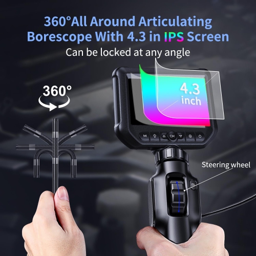 8.5 mm Handheld Industrial Endoscope – 1080P 2MP, 360° Camera, 4.3″ IPS, IP67 Waterproof, Temp Sensor, 2000 mAh Battery, 1 m Cable for Pipe/Auto