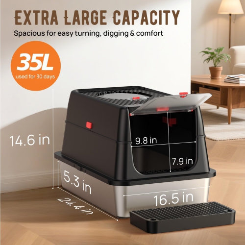 Bac à litière en acier inoxydable&nbsp;: Boîtes à litière avec couvercle – Noir