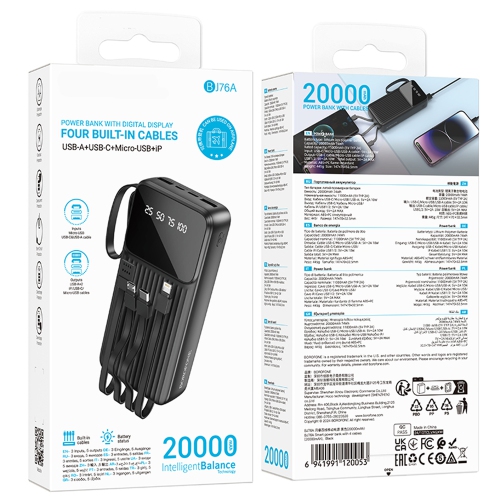 Chargeur portable intelligent BBBBoundone 20000 mAh 76 A - 2 ports USB - avec câbles de type C, 8 broches et micro USB noirs