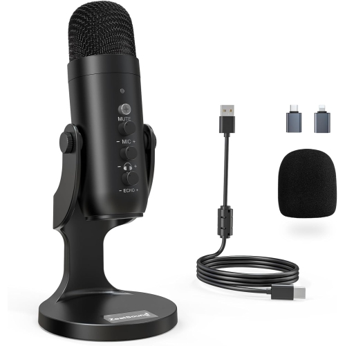 ZealSound USB Condenser Microphone Kit – Plug & Play for PC, Mac, PS4/PS5 Gain & Volume Control, Echo & Mute Buttons Ideal for Streaming, Podcasting,