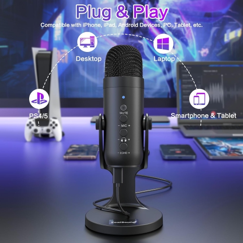ZealSound USB Condenser Microphone Kit – Plug & Play for PC, Mac, PS4/PS5 Gain & Volume Control, Echo & Mute Buttons Ideal for Streaming, Podcasting,